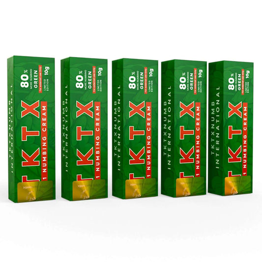 TKTX Numbing Cream Green 80% 5 packs for fast, long-lasting pain relief in tattoos and cosmetic procedures
