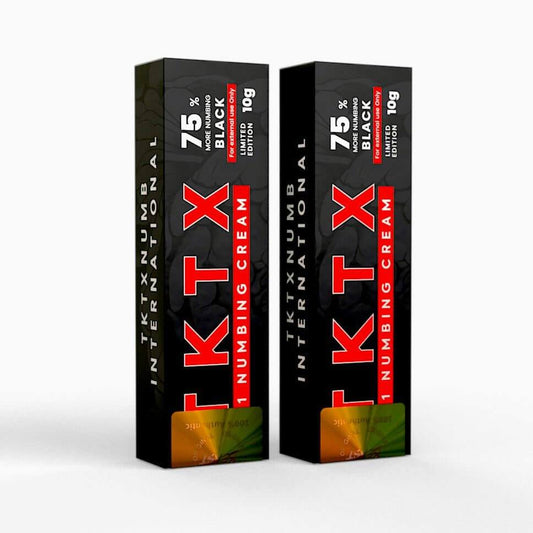 Two-pack of black TKTX numbing cream tubes for tattoo and cosmetic pain relief